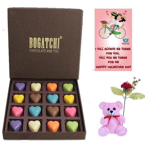BOGATCHI Valentine Chocolate Hearts for Girlfriend- Boyfriend- Wife - Husband, 16pcs, + Free Valentines Day Card with Rose and Teddy